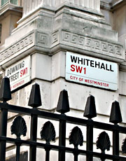 British Civil Service: Corner of Downing and Whitehall, London, England