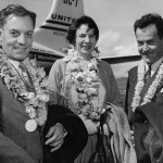 Ancel and Margaret Keys, Brian Bronte-Stewart with leis, Honolulu airport, Spring 1956