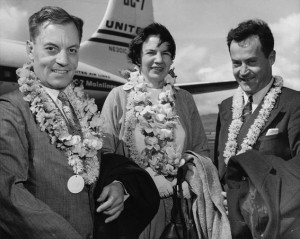 Ancel and Margaret Keys, Brian Bronte-Stewart with leis, Honolulu airport, Spring 1956